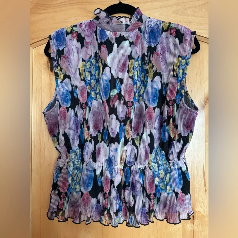 Ganni Floral Sleeveless Ruffled Neck Top in Black, Pink, Purple - Picture 3 of 12